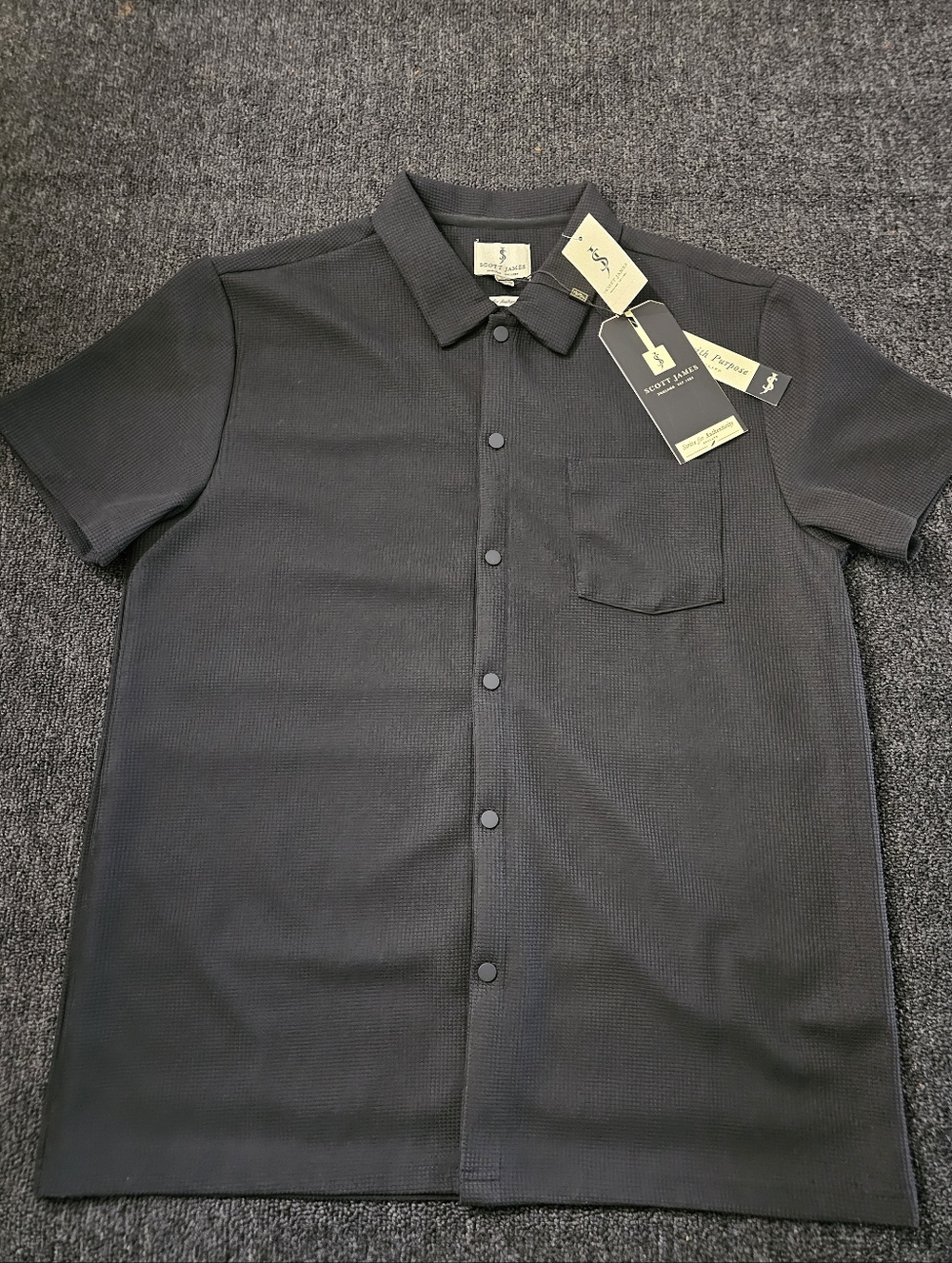 Scott James Black Ribbed Short-Sleeve Button-Front Shirt with Pocket Men's XL